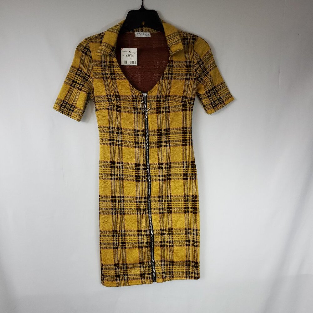 Haley & Jane Yellow Brwn Plaid Mini Fitted Dress Zip Front Womens Sz Small NWT